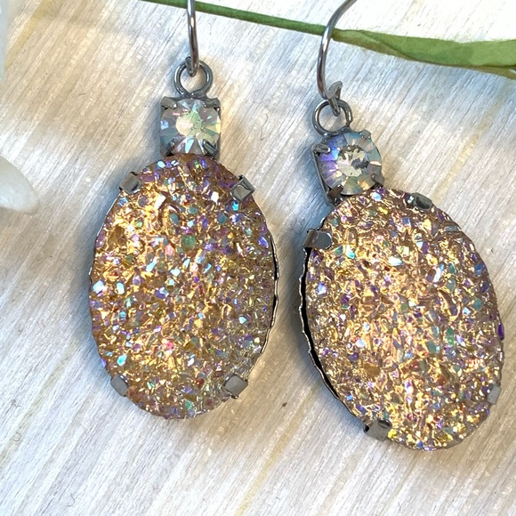 Silver Iridescent Crystal Dangle Earrings - Picture 3 of 7